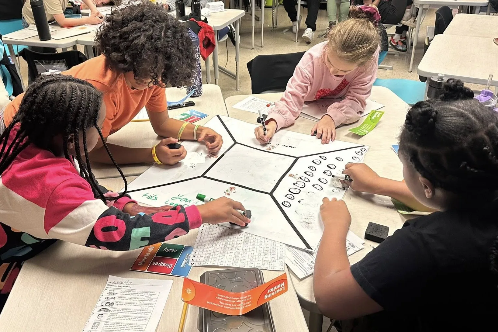 Four elementary students sit at a table together focusing on their work and using tools from the Model of Instruction for Deeper Learning. This student-led model represents a different choice offering that is often missing in school districts and is part of a boutique experience in certified microschools.