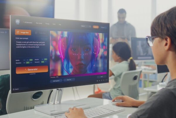 Student sitting at computer with AI prompt and image generation on the screen, representing the impact of Artificial Intelligence on the developing brain.