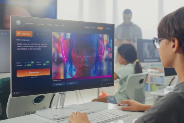 Student sitting at computer with AI prompt and image generation on the screen, representing the impact of Artificial Intelligence on the developing brain.