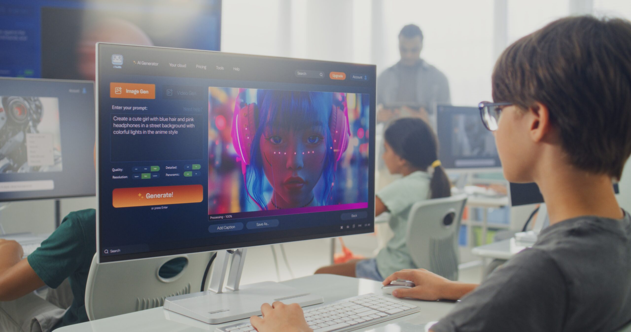 Student sitting at computer with AI prompt and image generation on the screen, representing the impact of Artificial Intelligence on the developing brain.