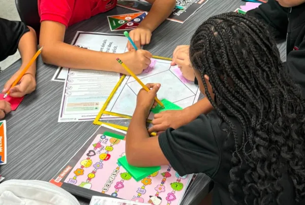 Students seated around a classroom table working in a team, using critical thinking guides and team-role cards—resources from the Model of Instruction for Deeper Learning.
